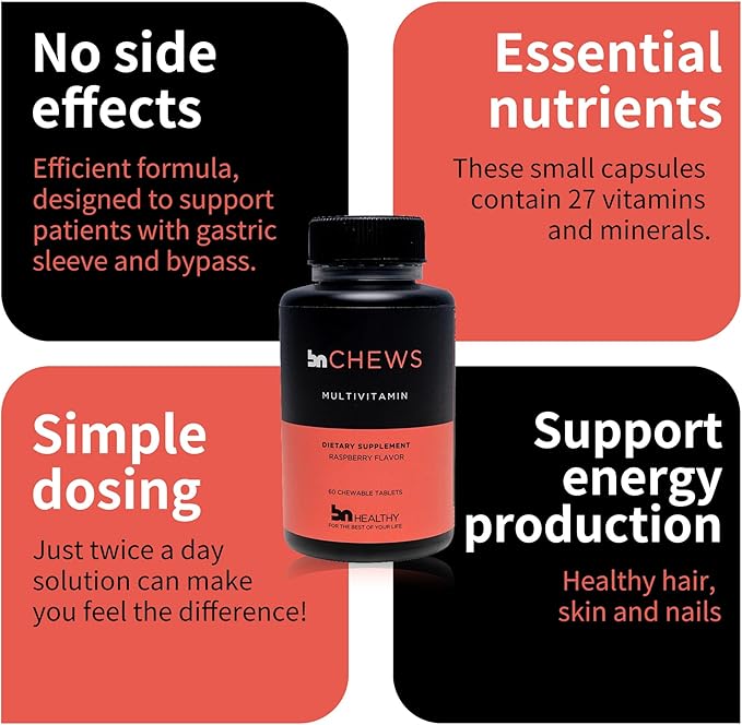 BN Chews Raspberry - Bariatric Multivitamin Chewable with 26 Essential Nutrients: Vitamins A, B6, B12, C, D3, 45 mg Iron & Calcium, Supports Men & Women Health, 60 Count, 30(60) Days Supply