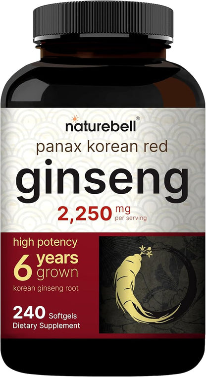 NatureBell Korean Red Ginseng 2,250mg Per Serving, 240 Softgels | Panax Ginseng Root, Standardized to 10% Ginsenosides, Non-GMO, Support Energy, Male Performance, & Immune System