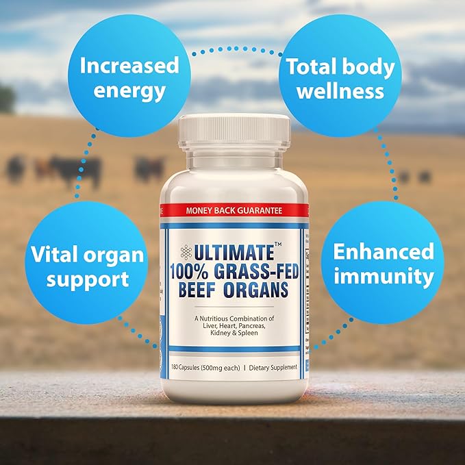 Ultimate 100% Grass Fed Beef Organs Supplement Supports Energy & Whole Body Wellness* with a Complex of Desiccated Beef Liver, Heart, Kidney, Pancreas & Spleen. Pesticide Free & Non-GMO, 180 Capsules