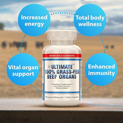 Ultimate 100% Grass Fed Beef Organs Supplement Supports Energy & Whole Body Wellness* with a Complex of Desiccated Beef Liver, Heart, Kidney, Pancreas & Spleen. Pesticide Free & Non-GMO, 180 Capsules