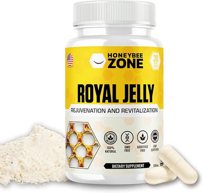 Royal Jelly 500 mg Honey Bee Royal Jelly, 60 Vegan Bee Royal Jelly Capsules, Natural Superfood Anti-Aging Brain Booster Supplement