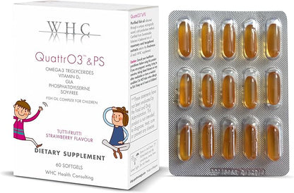 WHC, QuattrO3 & PS, Fish Oil Complex for Children (60 Softgels) - Omega-3 Triglycerides, Vitamin D3, GLA, Phosphatidylserine, Tutti-Frutti Strawberry