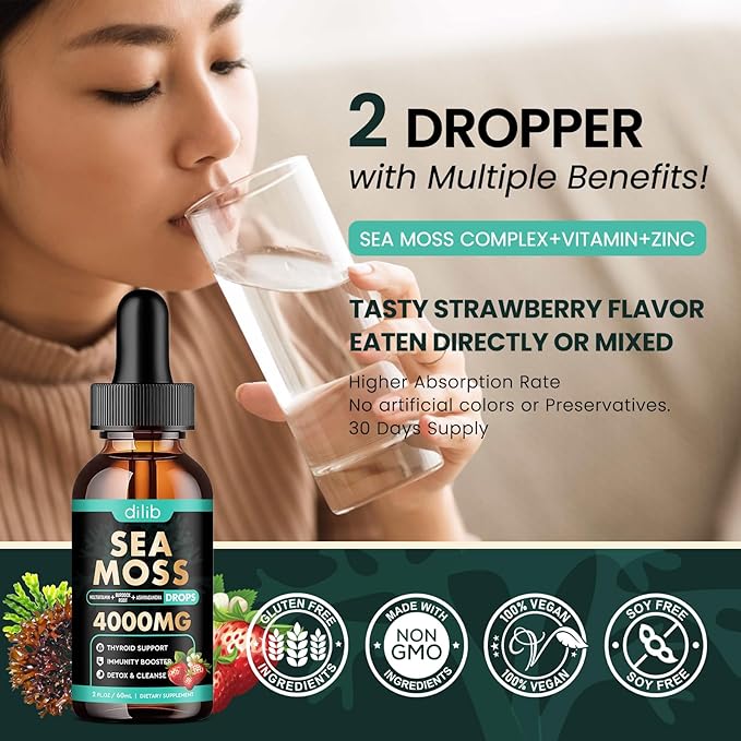 Irish Sea Moss Liquid Drops: Organic Sea Moss Supplement with Elderberry, Black Seed Oil, Turmeric, Quercetin - Detox Cleanse & Thyroid, Immune, Joint, Skin Support for Women & Men - Strawberry Flavor