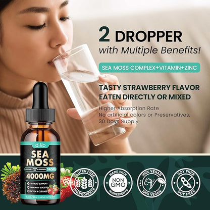 Irish Sea Moss Liquid Drops: Organic Sea Moss Supplement with Elderberry, Black Seed Oil, Turmeric, Quercetin - Detox Cleanse & Thyroid, Immune, Joint, Skin Support for Women & Men - Strawberry Flavor