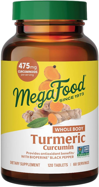 MegaFood Turmeric Curcumin Extra Strength - Whole Body - Turmeric Curcumin with Black Pepper - 475mg Curcuminoids - Holy Basil, Tart Cherry - Made Without 9 Food Allergens - 120 Tabs (60 Servings)
