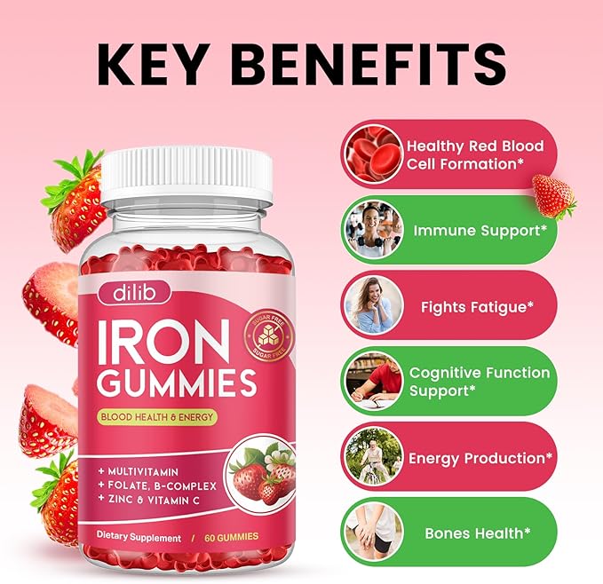 Iron Gummies with Multivitamin, Iron Supplement for Women & Men with Zinc, Vitamin B Complex & C, B12, Folate - Blood Builder & Energy Support for Adults & Kids - Strawberry Flavor, Vegan 60 Gummies