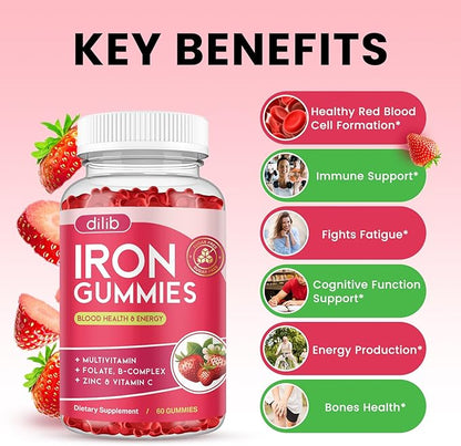 Iron Gummies with Multivitamin, Iron Supplement for Women & Men with Zinc, Vitamin B Complex & C, B12, Folate - Blood Builder & Energy Support for Adults & Kids - Strawberry Flavor, Vegan 60 Gummies