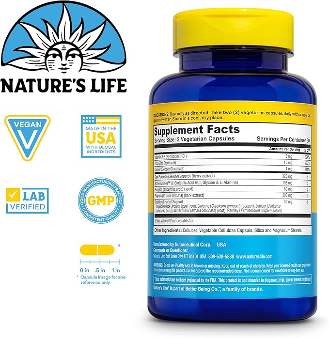 Nature's Life Prostate Maintain - Prostate Support Supplement for Men's Health - Saw Palmetto, Pygeum Herbal Complex and Zinc Supplements - 50 Servings, 100 Vegetarian Capsules