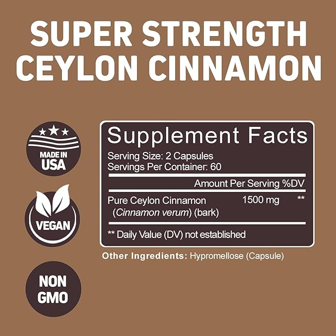 Herbtonics Pure Ceylon Cinnamon Capsules | Immune System, Healthy Weight Management | Non-GMO, Gluten Free | 1500 Mg - 120 Capsules
