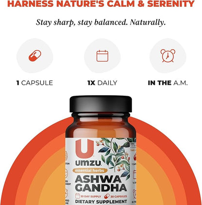 UMZU Ashwagandha Advanced Stress & Cortisol Support Supplement, Memory, Focus, Cognition, 24-Hour Extended Release (30 Day Supply | 30 Capsules)