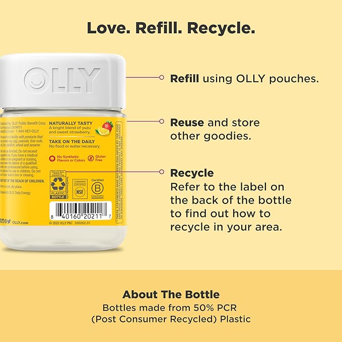 OLLY Extra Strength Daily Energy Gummy, Caffeine Free, 1000mcg Vitamin B12, CoQ10, Goji Berry, Adult Chewable Supplement, Berry Yuzu Flavor - 60 Count