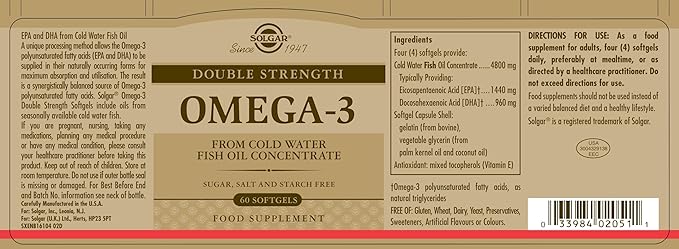 Solgar Double Strength Omega 3 700 mg - 60 Softgels - Support for Cardiovascular, Joint & Cellular Health - Non-GMO, Gluten Free - 60 Servings