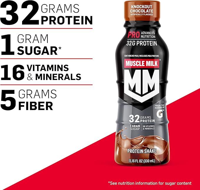 Muscle Milk Pro Advanced Nutrition Protein Shake, Knockout Chocolate, 11.16 Fl Oz (Pack of 12), 32g Protein, 1g Sugar, 16 Vitamins & Minerals, 5g Fiber, Workout Recovery, Energizing Snack, Packaging May Vary
