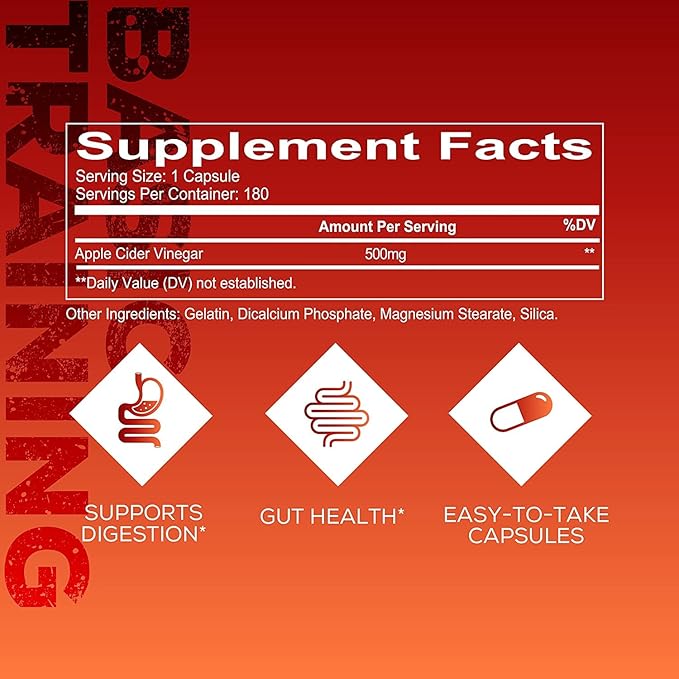 REDCON1 Apple Cider Vinegar Capsules - for Gut Health & Healthy Metabolism - Daily Antioxidant Supplement to Promote Healthy Gut - for Men and Women, Basic Training Series (180 Capsules)