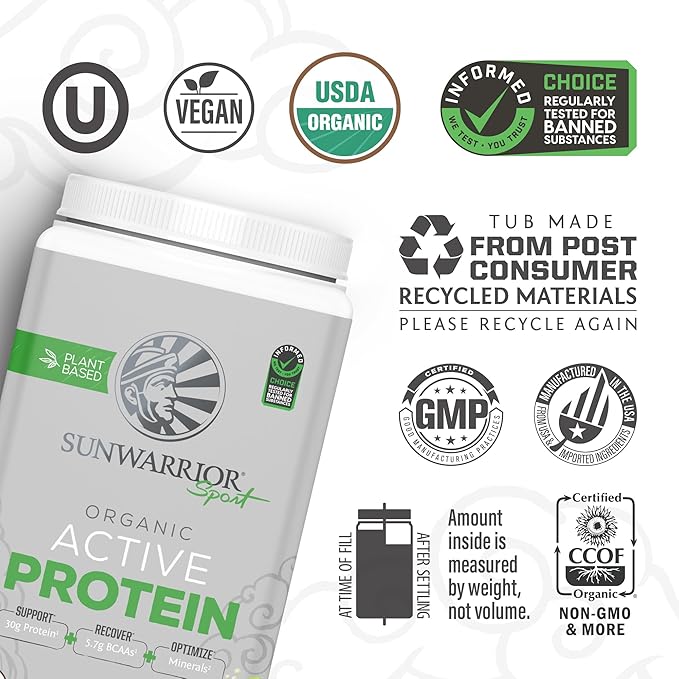 Vegan Protein Powder Plant-Based USDA Organic BCAAs | 30g Protein per Serving | Premium Sugar Free, Gluten Free Non-GMO Dairy Free | Unflavored, 20 Servings | Active Sport Protein Powder
