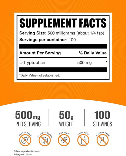BulkSupplements.com L-Tryptophan Powder - L-Tryptophan 500mg, Tryptophan Supplement - Amino Acid Supplement, Gluten Free, 500mg per Serving, 50g (1.8 oz) (Pack of 1)