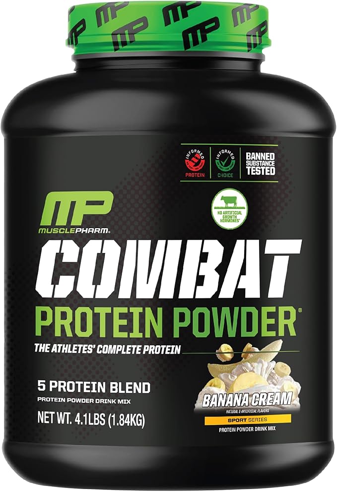 MusclePharm Combat Protein Powder, Banana Cream Flavor, Fuels Muscles for Productive Workouts, 5 Protein Sources including Whey Protein Isolate & Egg Albumin, Gluten Free, 4 lb, 52 Servings