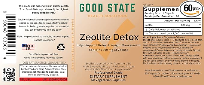 Good State Zeolite Detox - Clinoptilolite 600 mg per Veggie Capsule - 60 Capsules - USA Supply
