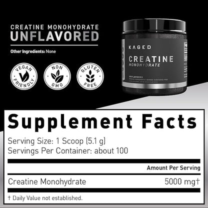 Kaged Creatine Monohydrate Micronized Powder | 100 Servings | Unflavored | Muscle Recovery and Growth Supplement for Men & Women | Vegan | Easily Digestible | Gluten Free | Keto Friendly