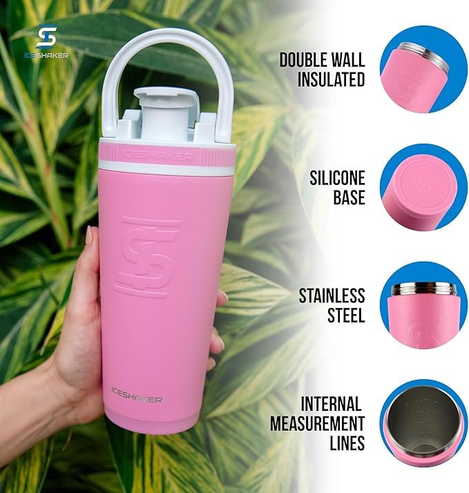 Ice Shaker Insulated Stainless Steel Shaker Bottle | 26oz, Pink | Cold for 30+ Hours | Insulated Cup with Twist-on Agitator | Odor-Free Shaker Cup for Protein Shakes, Water, Smoothies, Cocktails