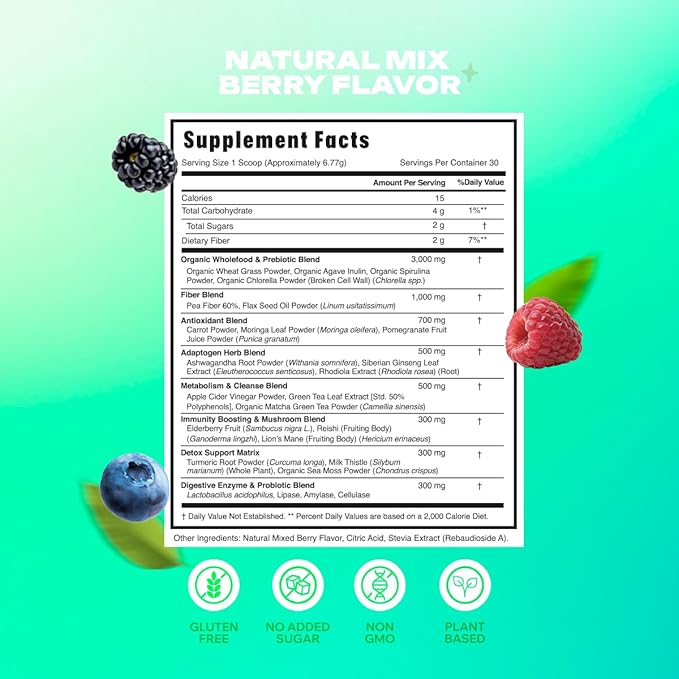 Super Greens Powder - ACV, Organic Sea Moss, Ashwagandha Root, Organic Matcha - Digestion*, Detox*, Bloating*, & More, Berry