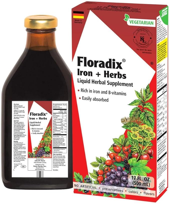 Floradix by Salus Iron & Herbs - Liquid Herbal Supplement for Energy Support - Iron Supplement with Vitamin C & B Complex Vitamins - Liquid Iron Supplement for Men & Women - 17 oz