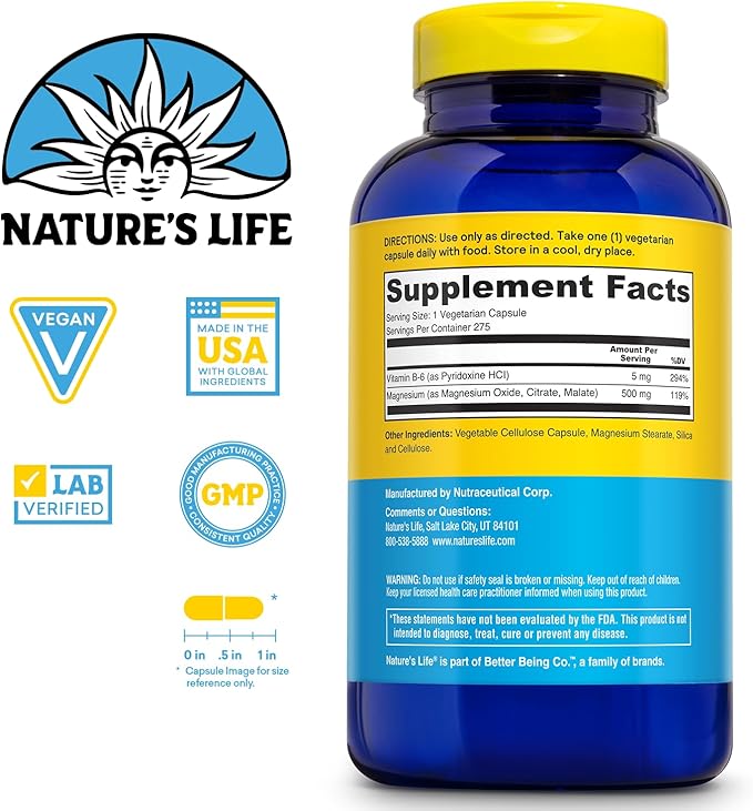 Nature’s Life Renewing Magnesium 500 mg - Magnesium Citrate, Magnesium Malate, Magnesium Oxide Plus Vitamin B-6 - Muscles and Nerves Support - Lab Verified - 275 Servings, 275 VegCaps