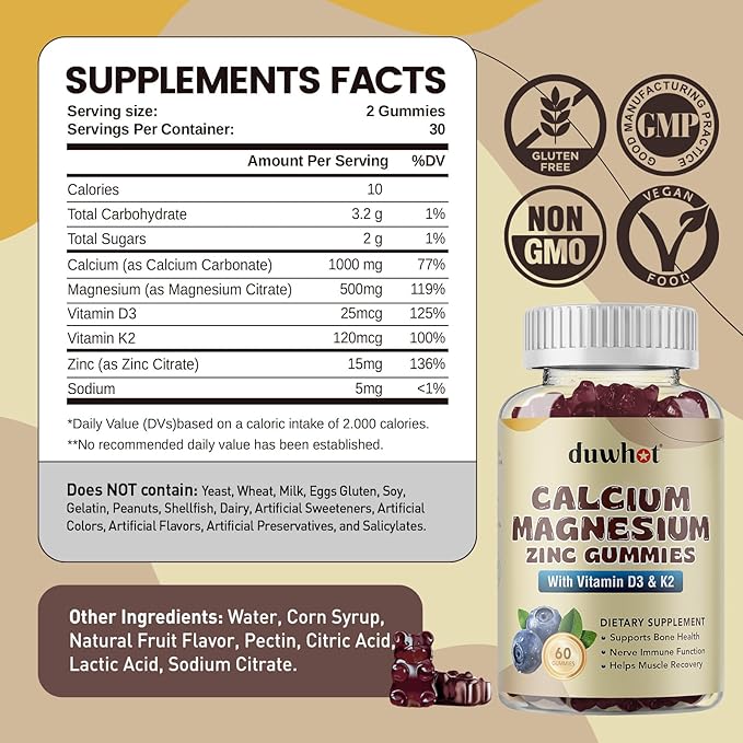 Calcium Magnesium Zinc Gummies for Women, Chewable Calcium Supplement 1000 mg Vitamin D3 & K2, Bone & Nerve Health, Muscle Function, Immune Support & Stress Relief, Blueberry Flavor, 120 Ct