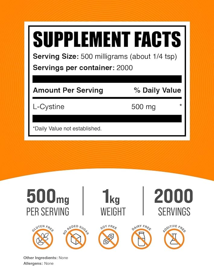 BulkSupplements.com L-Cystine Powder - L-Cystine 500mg, L-Cystine Supplement, Amino Acid Supplement - for Immune Support, Gluten Free, 500mg per Serving, 1kg (2.2 lbs) (Pack of 1)
