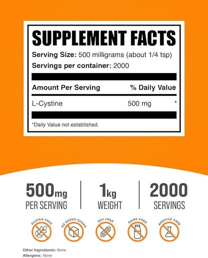 BulkSupplements.com L-Cystine Powder - L-Cystine 500mg, L-Cystine Supplement, Amino Acid Supplement - for Immune Support, Gluten Free, 500mg per Serving, 1kg (2.2 lbs) (Pack of 1)