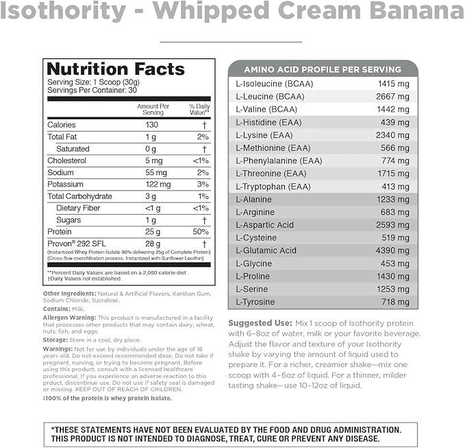 Isothority Whey Protein Isolate, Whipped Cream Banana, 2 lb - Ultra Absorbable Branched Chain Amino Acids (BCAA) Powder with 25g Protein Per Serving, Low Carb - Build Muscle & Accelerate Recovery