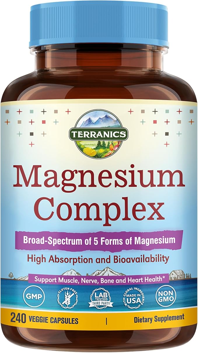 Terranics 5-in-1 Magnesium Complex Supplement 500mg - 5 Forms High Absorption Magnesium Glycinate Citrate Malate Aspartate Gluconate - Non-GMO 240 Vegan Magnesio Capsule for Sleep Muscle Heart Health