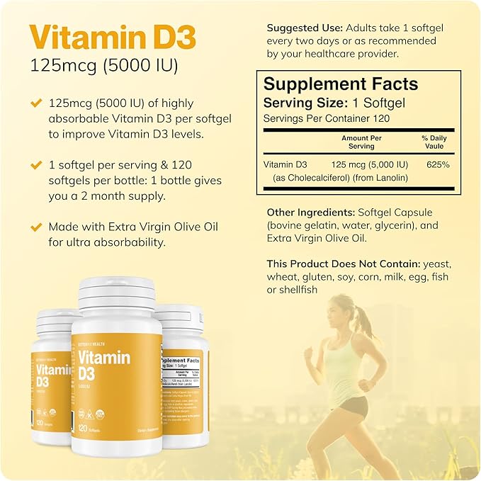 Better Way Health Vitamin D3-5,000 IU Softgel - High Potency Formula, Supports Bone Health & Immune System - 120 Softgels of Vitamin D3 - Non-GMO, Dairy Free