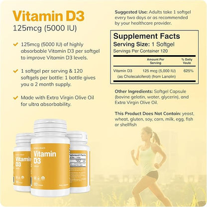Better Way Health Vitamin D3-5,000 IU Softgel - High Potency Formula, Supports Bone Health & Immune System - 120 Softgels of Vitamin D3 - Non-GMO, Dairy Free