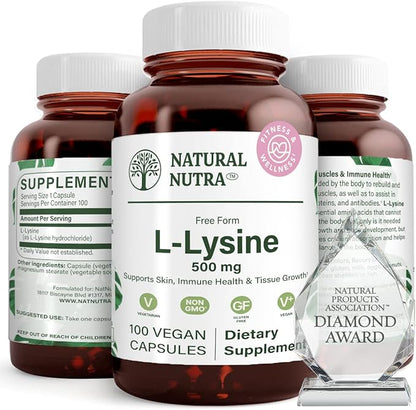 Natural Nutra L Lysine HCl, Promotes Bone Health and Growth, Improve Calcium Absorption, Support Faster Workout, Improve Vitamin C Absorption, Non-GMO, Vegan, 500 mg, 100 Capsules.