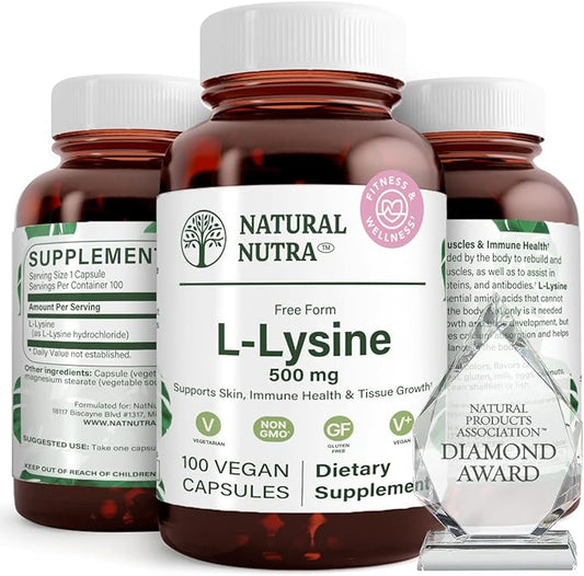 Natural Nutra L Lysine HCl, Promotes Bone Health and Growth, Improve Calcium Absorption, Support Faster Workout, Improve Vitamin C Absorption, Non-GMO, Vegan, 500 mg, 100 Capsules.