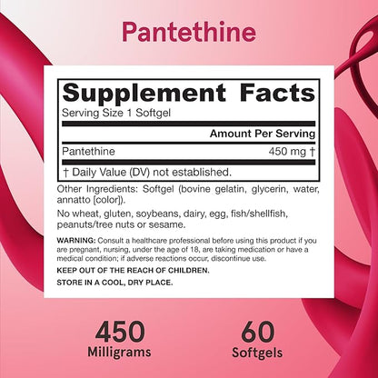 Jarrow Formulas Pantethine 450 mg - Derivative of Vitamin B5 - 60 Servings (Softgels) - Support Heart Health, Carbohydrate & Lipid Metabolism - Coenzyme A (CoA) Precursor - Pantothenic Acid Supplement