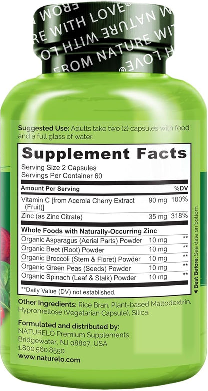NATURELO Vegan Zinc Whole Food Complex Supplement with Vitamin C for Immune Support and Healthy Skin, Hair, and Nails - 120 Capsules