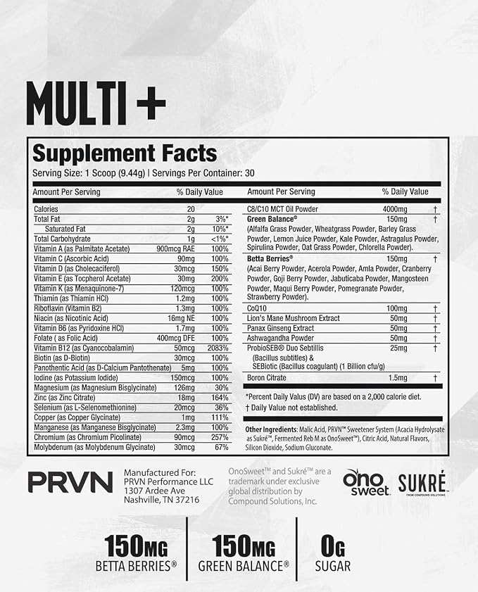 PRVN Performance Multi+ Greens, Probiotic, Ashwagandha, Lions Mane & MCT Powder - Energy & Mental Boost, 30 Serv (Orange Cream)
