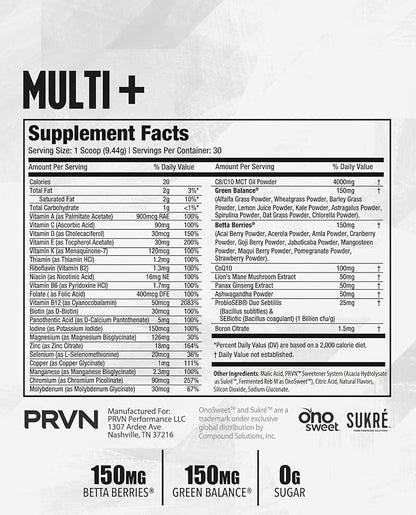 PRVN Performance Multi+ Greens, Probiotic, Ashwagandha, Lions Mane & MCT Powder - Energy & Mental Boost, 30 Serv (Orange Cream)