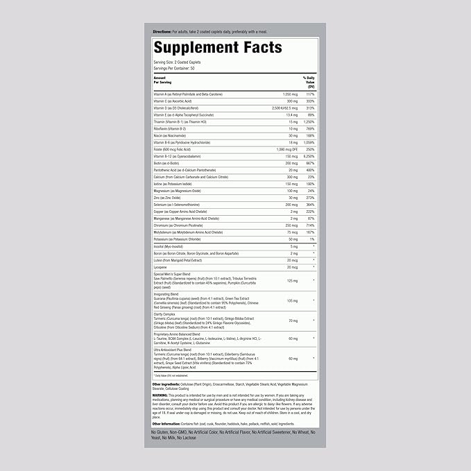 Piping Rock Multivitamin for Men Over 50 Plus | 100 Caplets | with Vitamin D3, Potassium, Folate | Daily Mega Multi Mineral Supplement | Non-GMO, Gluten Free