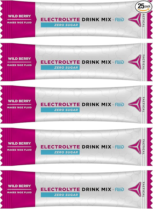 Fluid Tactical - Zero Sugar, Keto Electrolyte Powder, Hydration Packets, Made in USA (Wild Berry, 25 Count)