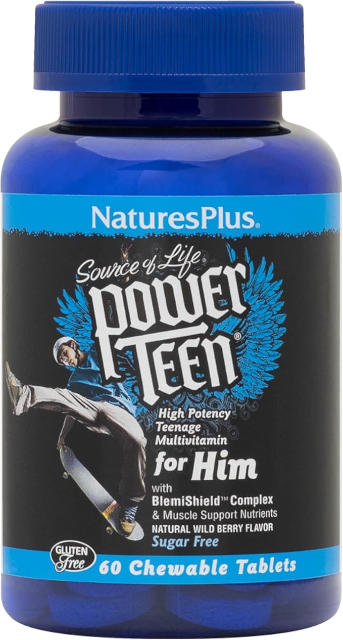 Natures Plus Power Teen for Him - 60 Chewable Tablets, Wild Berry - High-Potency Teenage Multivitamin - Sugar Free, Vegetarian, Gluten Free - 30 Servings