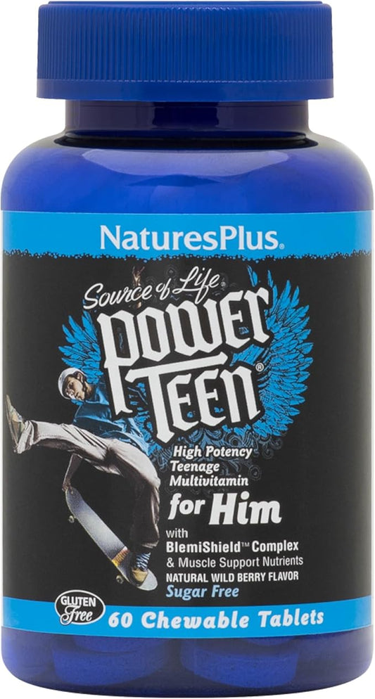 Natures Plus Power Teen for Him - 60 Chewable Tablets, Wild Berry - High-Potency Teenage Multivitamin - Sugar Free, Vegetarian, Gluten Free - 30 Servings