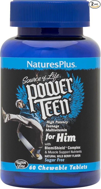 Natures Plus Source of Life Power Teen for Him, Wild Berry - 60 Chewable Tablets, Pack of 2 - High Potency Teenage Multivitamin - Gluten Free, Sugar Free - 60 Total Servings