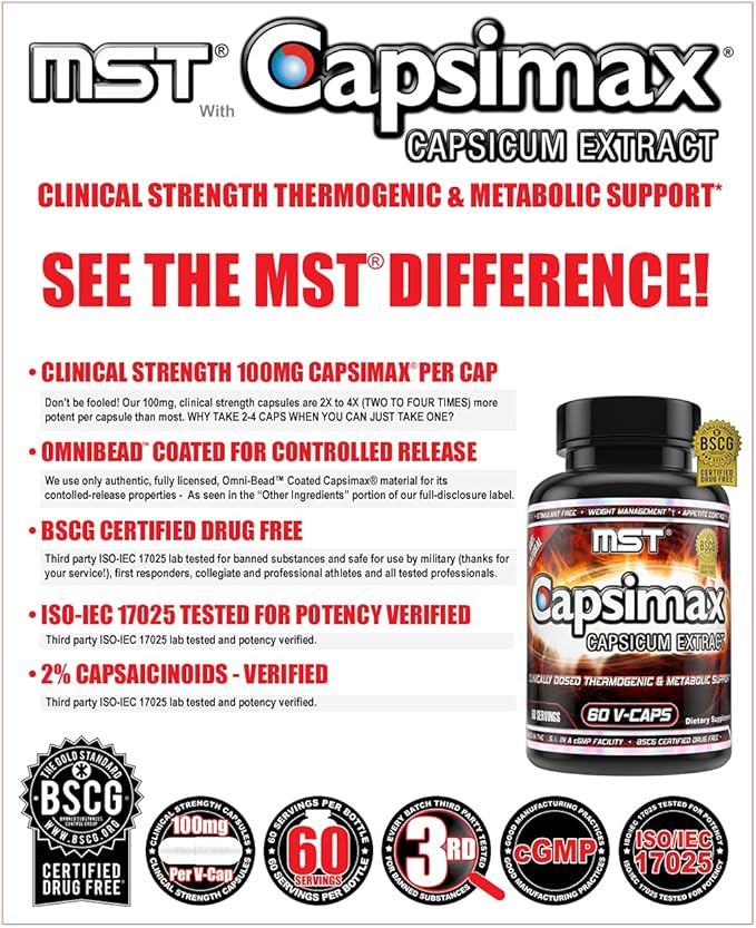 MST Capsimax Supplement 100mg V Capsules, 60 Servings Clinically Dosed Weight Management, Thermogenic, Appetite Control, Calorie Burning, Metabolic Health, Stimulant Free. BSCG Certified