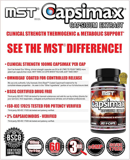 MST Capsimax Supplement 100mg V Capsules, 60 Servings Clinically Dosed Weight Management, Thermogenic, Appetite Control, Calorie Burning, Metabolic Health, Stimulant Free. BSCG Certified