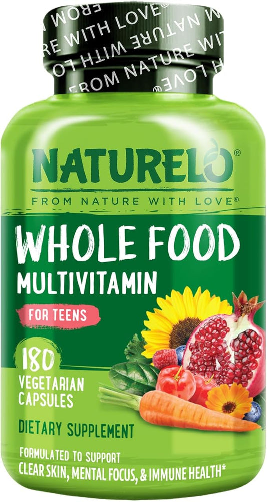 NATURELO Whole Food Multivitamin for Teens - Vitamins and Minerals for Teenage Boys and Girls - Supplement for Active Kids - with Organic Whole Foods - Non-GMO - Vegan & Vegetarian - 180 Capsules