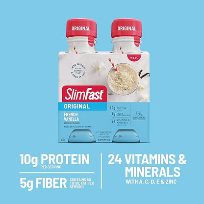 SlimFast Meal Replacement Shake, Original French Vanilla, 10g of Ready to Drink Protein, 11 Fl. Oz Bottle, 4 Count (Pack of 3) (Packaging May Vary)