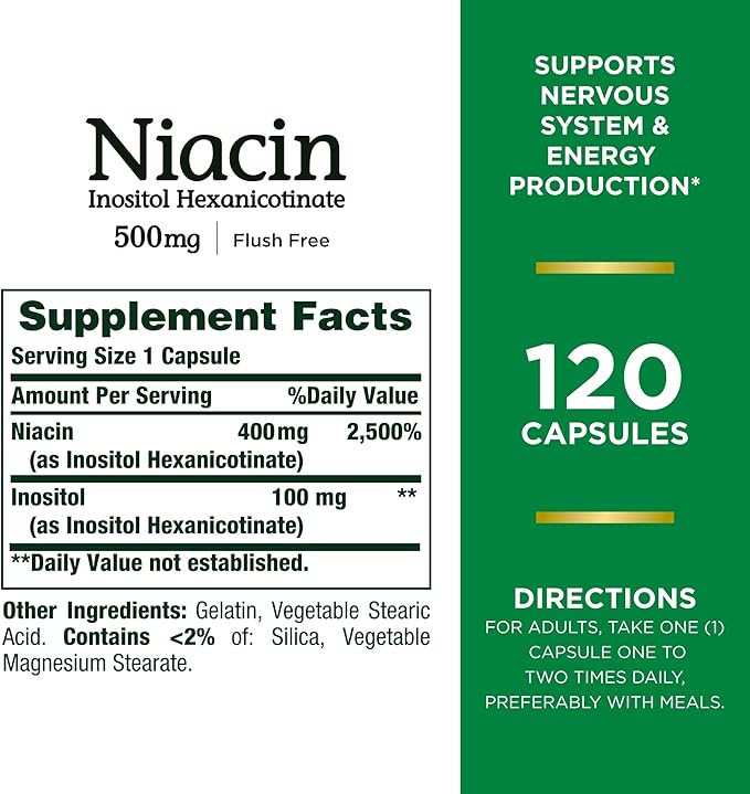 Nature's Bounty Niacin 500mg Flush Free, Cellular Energy Support, Supports Nervous System Health, 120 Capsules